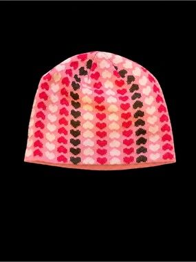 Girls Pink Multicolor Heart Print Knit Beanie Winter Hat Size 7-14